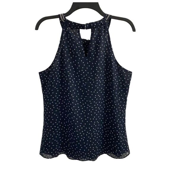 Calvin Klein Navy Blue Polkadot Chain Sleeveless Halter Blouse Top Medium EUC - Picture 2 of 7